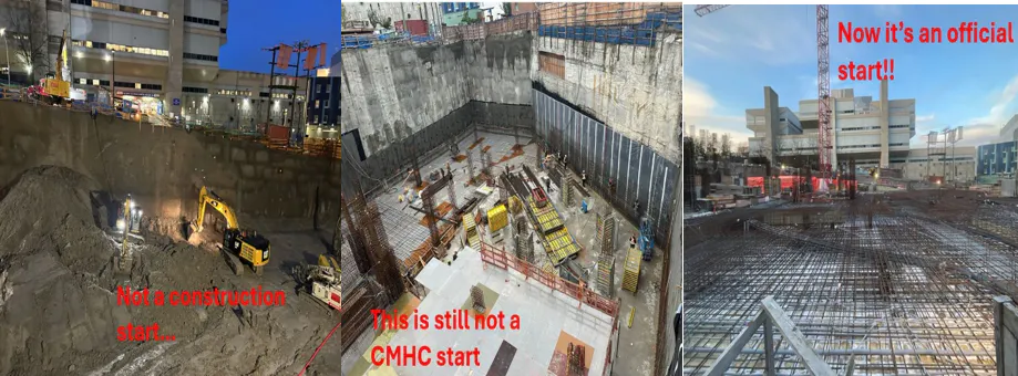 An image showing three stages of a construction project.